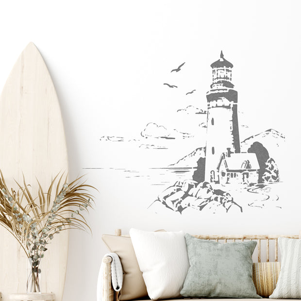 Lighthouse Coastal Scene with Cottage Stencil