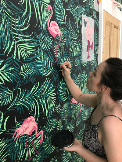Tropical ferns and flamingos wall painting