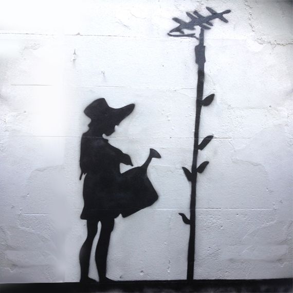 Banksy Girl Watering Aerial Flower Stencil