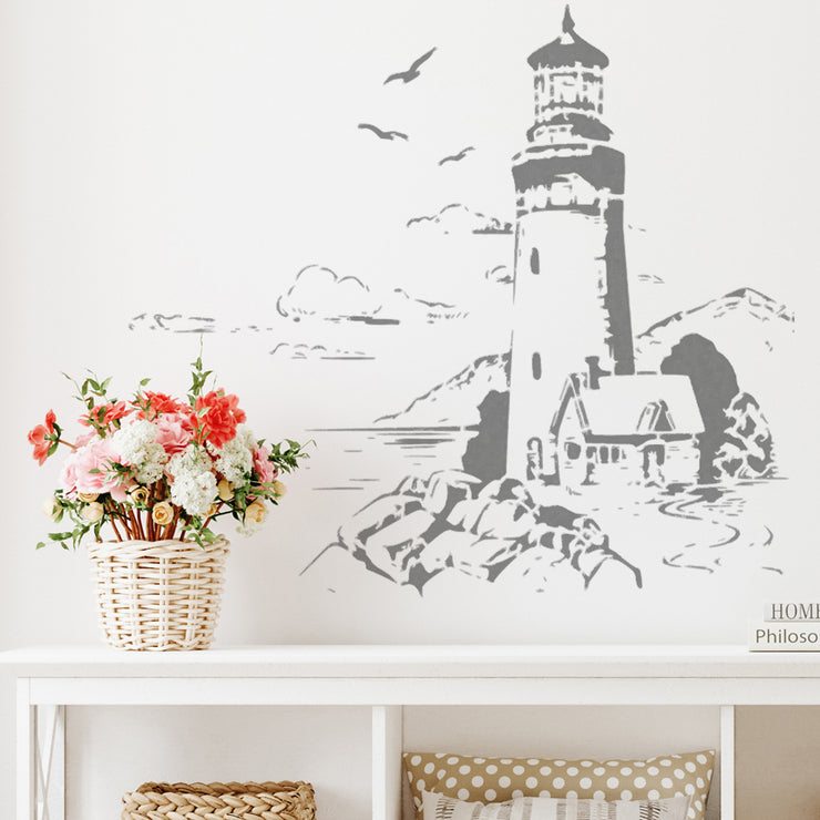 Lighthouse Coastal Scene with Cottage Stencil