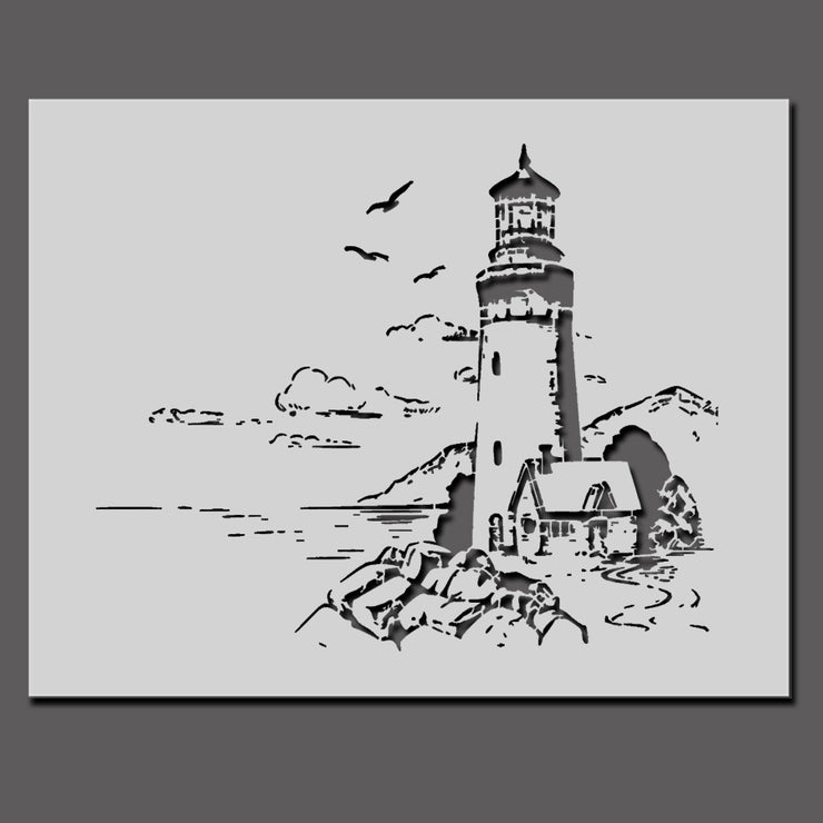 Lighthouse Coastal Scene with Cottage Stencil