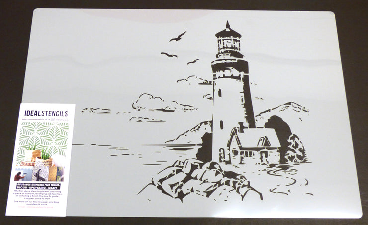Lighthouse Coastal Scene with Cottage Stencil