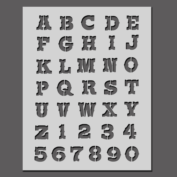 COWBOY WESTERN Alphabet Stencil - A-Z Letters & 0-9 Numbers